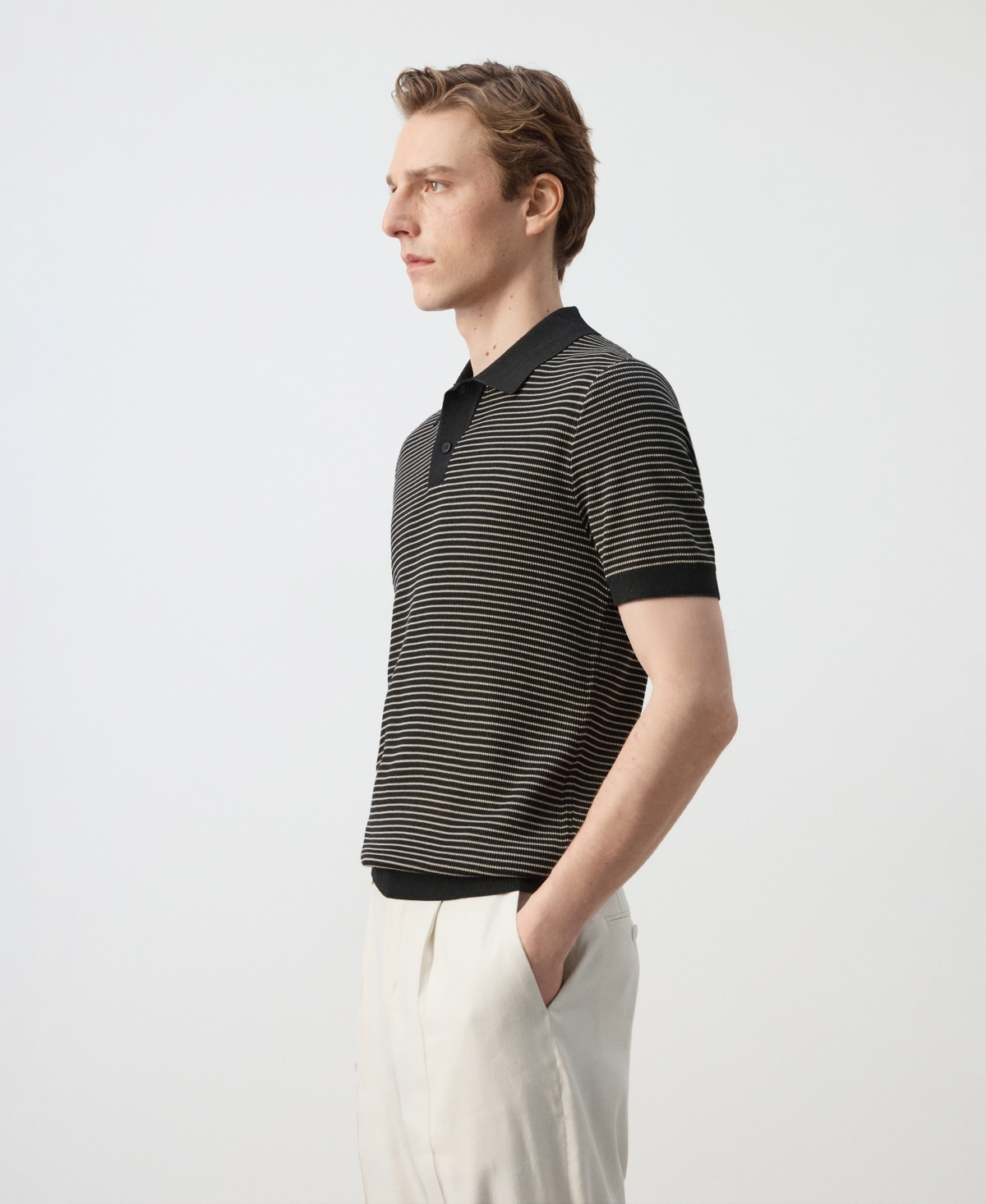 Mango Men's Striped Knit Cotton Polo Shirt