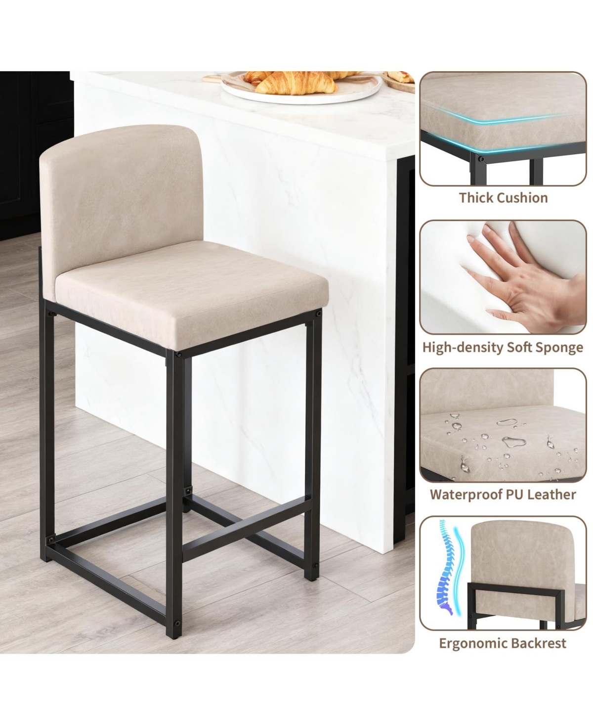 homfan Set of 4/6 Counter Height Bar Stools, 24.8 Inch Upholstered Chairs with Backrest and Metal Legs, Home Game Room