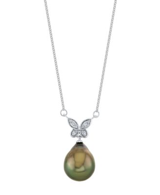 Cultured Tahitian Pearl (11mm) & Diamond Accent Necklace in 14k White Gold