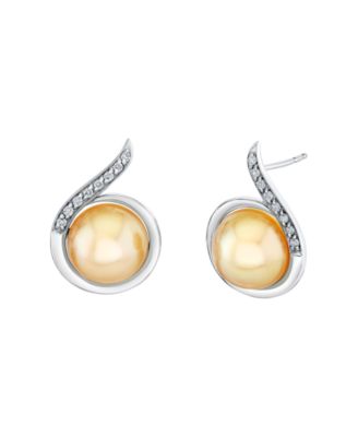 Cultured Golden South Sea Pearl (10mm) & Diamond (1/6 ct. t.w.) Earrings in Sterling Silver