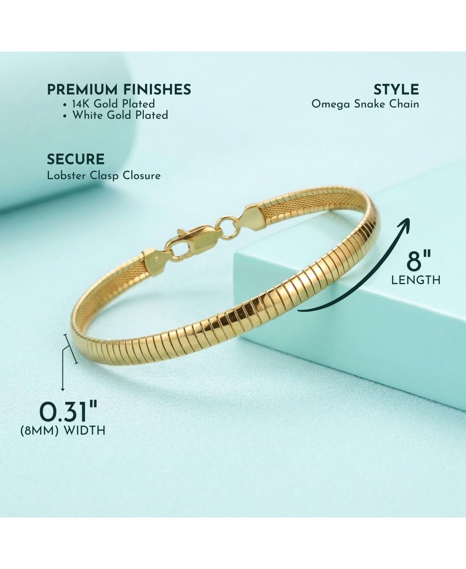 Modern High-Polish Sleek Snake Chain Omega Bracelet