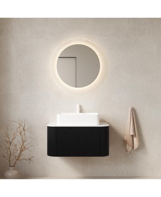 Wall Mounted Bathroom Vanity with Ceramic Sink, Matte Stripe Plywood Cabinet, Soft Close Drawer, Pre-assembled