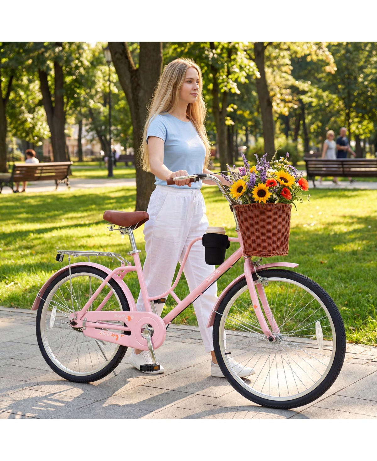 Gymax Beach Cruiser Bike Commuter Bike w/Adjustable Seat Woven Basket for City