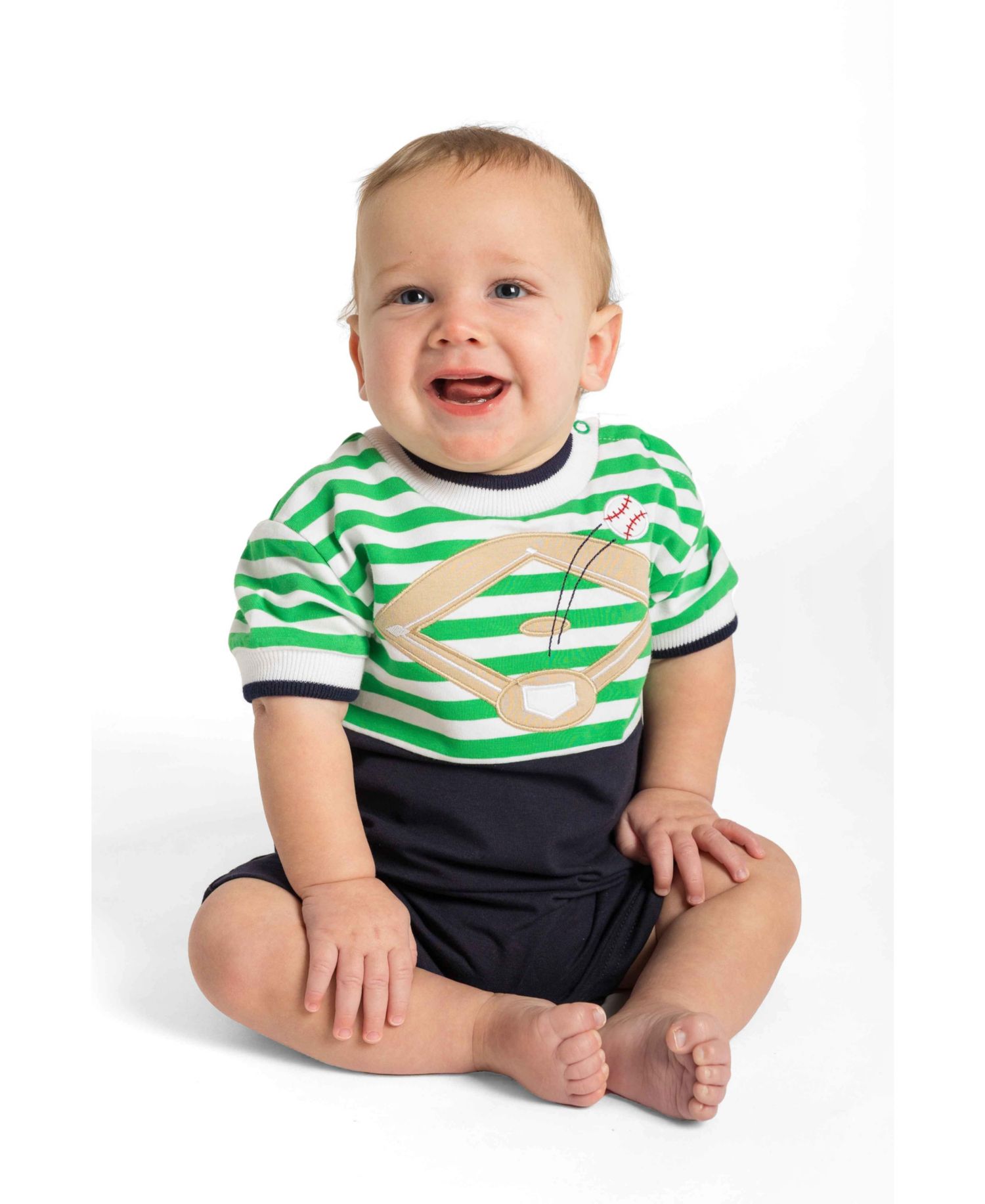 Baby Boy Stripe Knit Shortall With Baseball Field