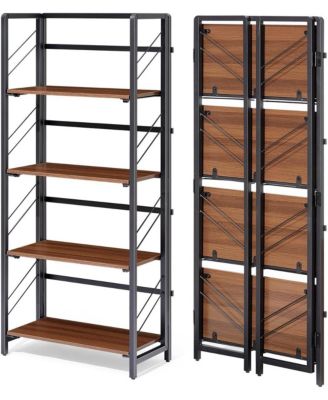 No-Assembly Folding Bookshelf - 4-Tier Industrial Bookcase, Space-Saving Collapsible Rack, Metal Frame and Brown Wood Shelves, Mark-Resistant