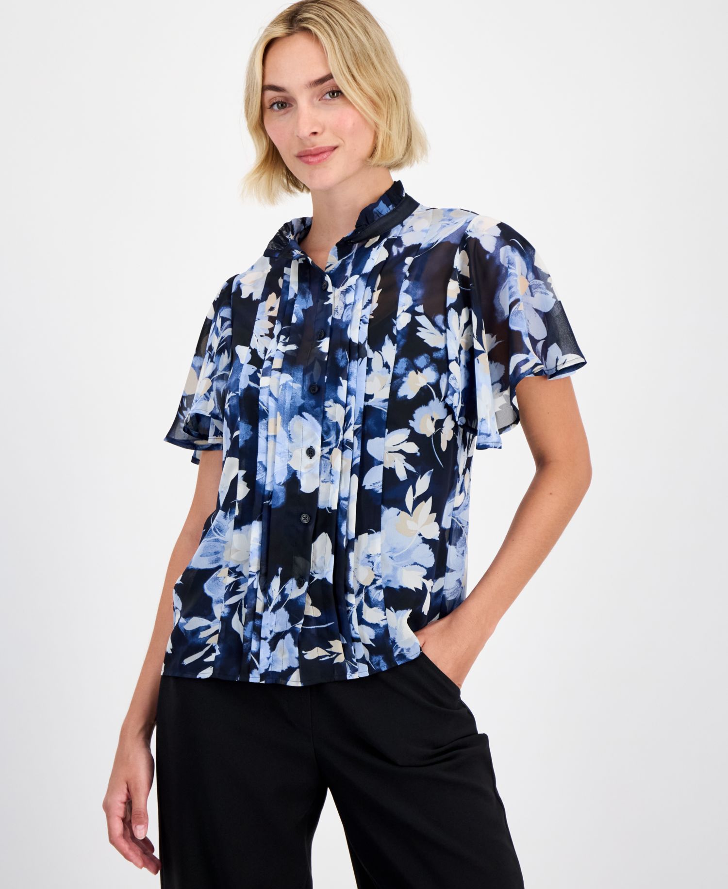 Women's Pleated-Front Flutter-Sleeve Blouse