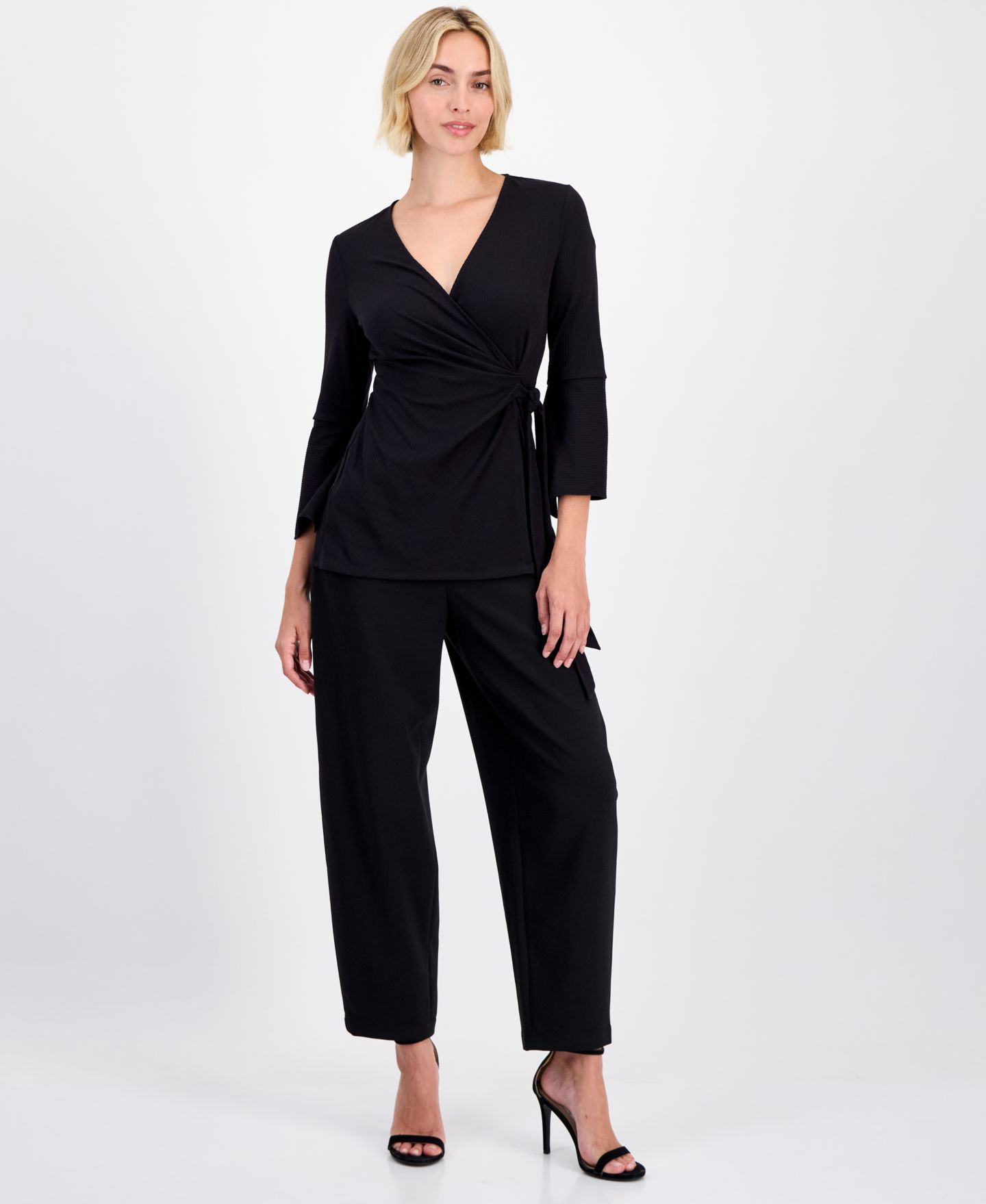 Женский топ Anne Klein Ribbed Surplice-Neck Wrap Top, цвет: Чёрный — фото 3