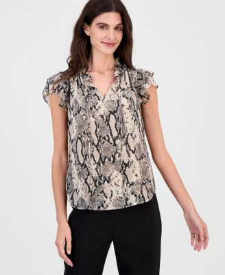 Women's Printed Ruffle-Sleeve Tie-Neck Top