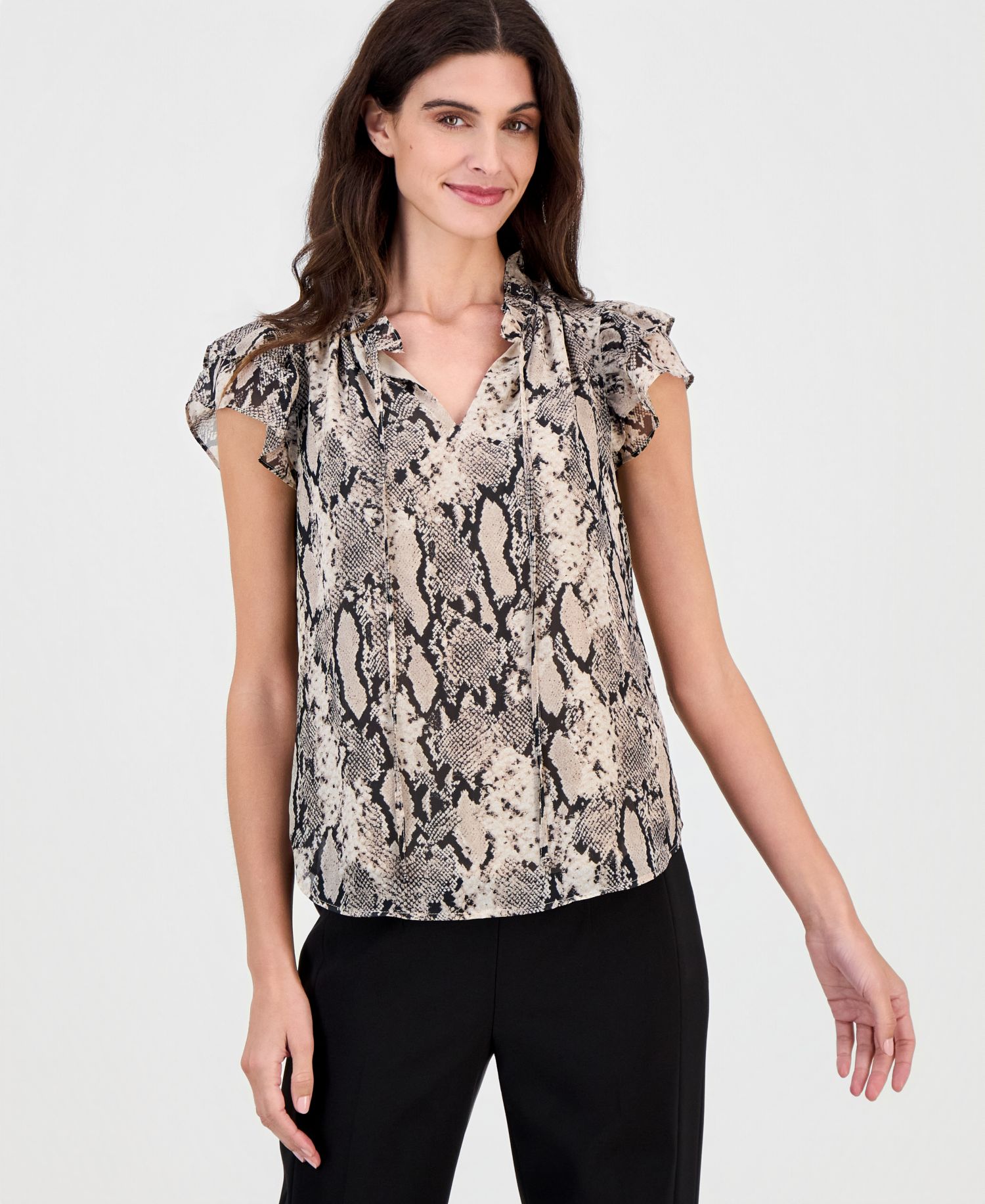 Women's Printed Ruffle-Sleeve Tie-Neck Top