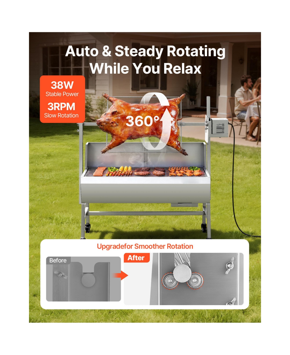 Cozito Rotisserie Grill, 38W Charcoal Spit Roaster with 132 lb Capacity