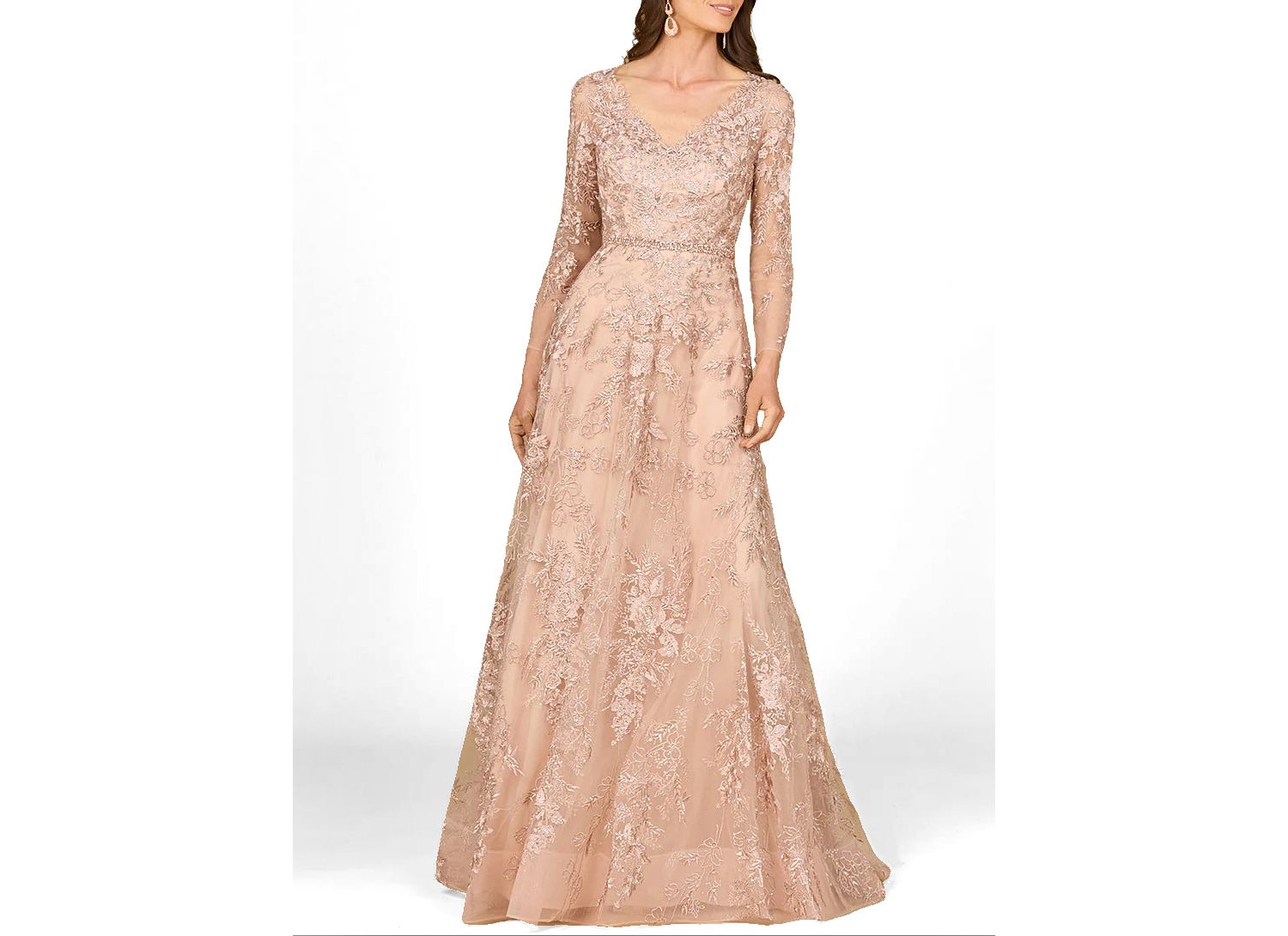 Women's Long Sleeve V-Neck Lace Gown with Beaded Belt