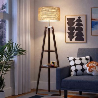 Modern Tripod Floor Lamp with Natural Rattan Shade & Storage Shelf