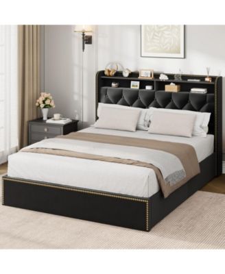 Velvet Bed Frame with 4 Storage Drawers, Upholstered Platform with Tufted Headboard and Nailhead Trim Design