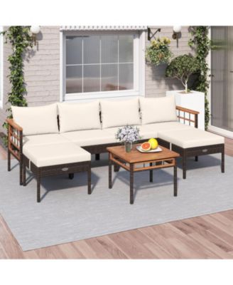 7 PCS Wicker Furniture Set with Ottomans Side Table Acacia Wood Tabletop Armrests