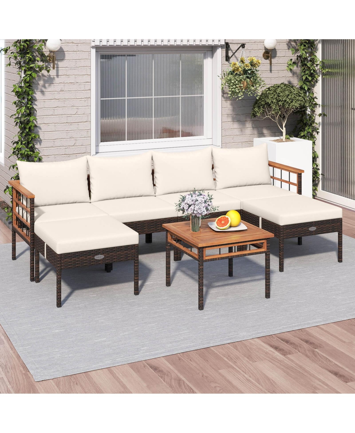 Costway 7 Pcs Wicker Furniture Set with Ottomans Side Table Acacia Wood Tabletop Armrests