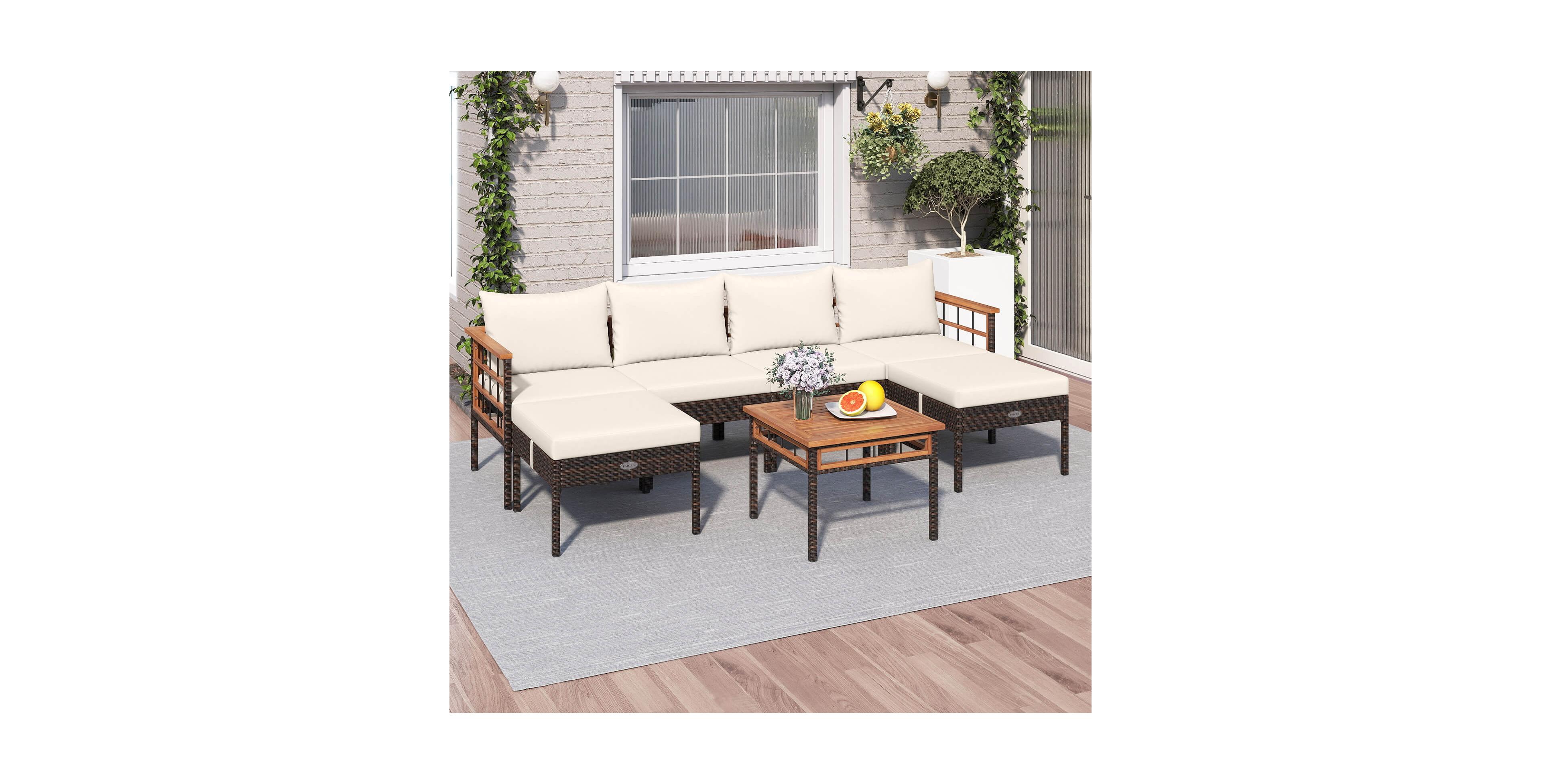 Costway 7 Pcs Wicker Furniture Set with Ottomans Side Table Acacia Wood Tabletop Armrests