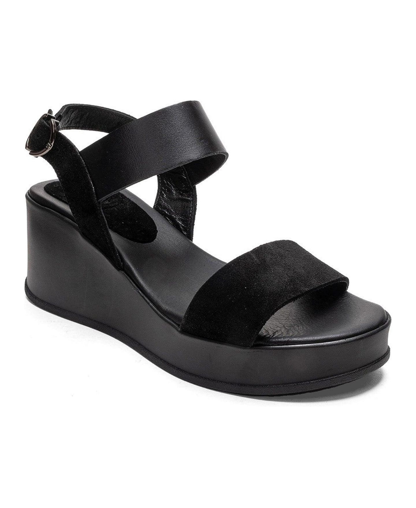 Женские сандалии Forever & Always Shoes Lolanthe Leather Wedge Sandal, цвет: Чёрный замшевый — фото 1