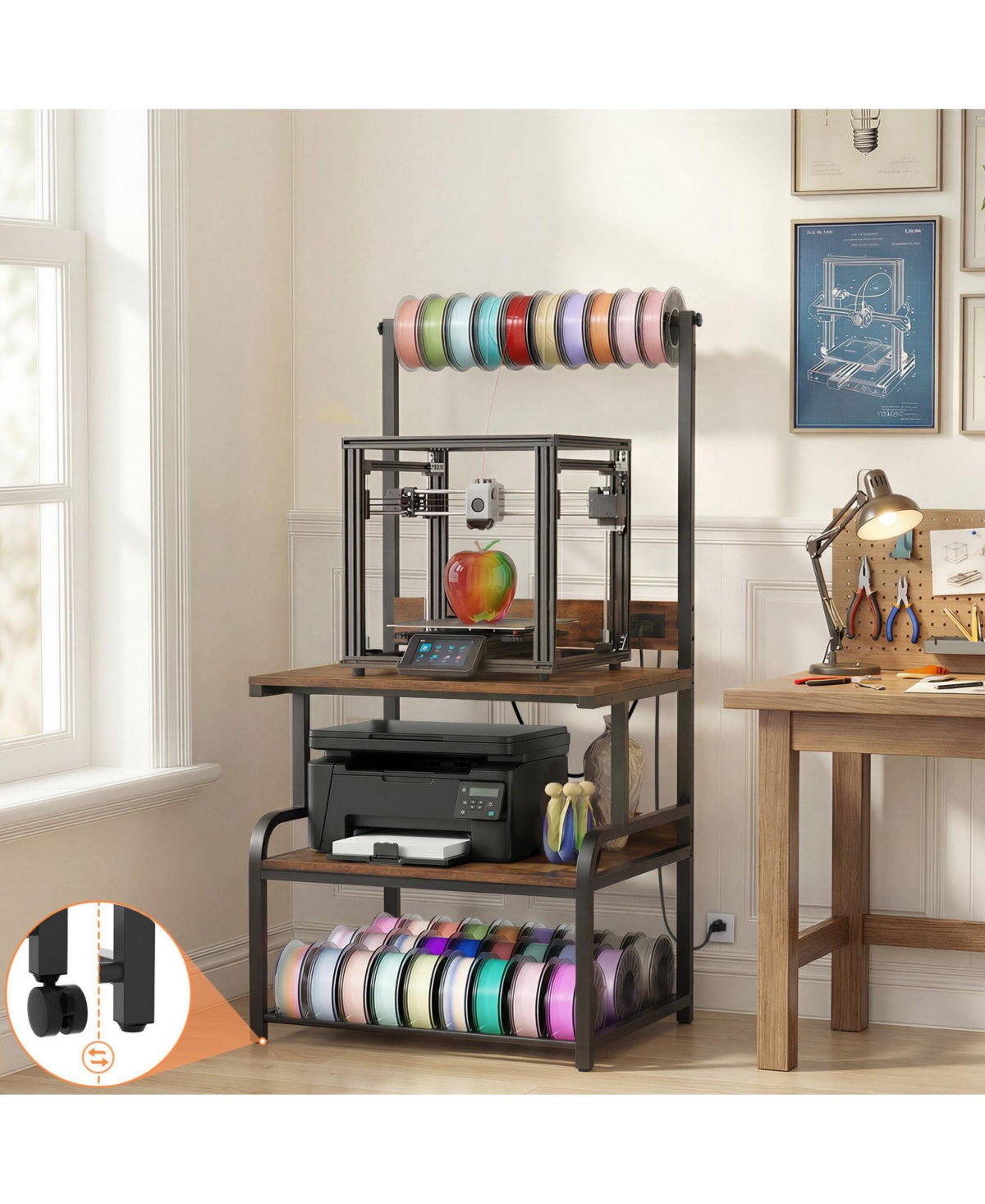 Aheaplus Large Printer Stand with 4-Tier Storage and Charging Station, 3D Printer Table with Filament Storgae and Rolling