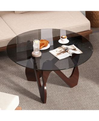 Modern Round Glass Coffee Table, Sculptural Cutout Base Design