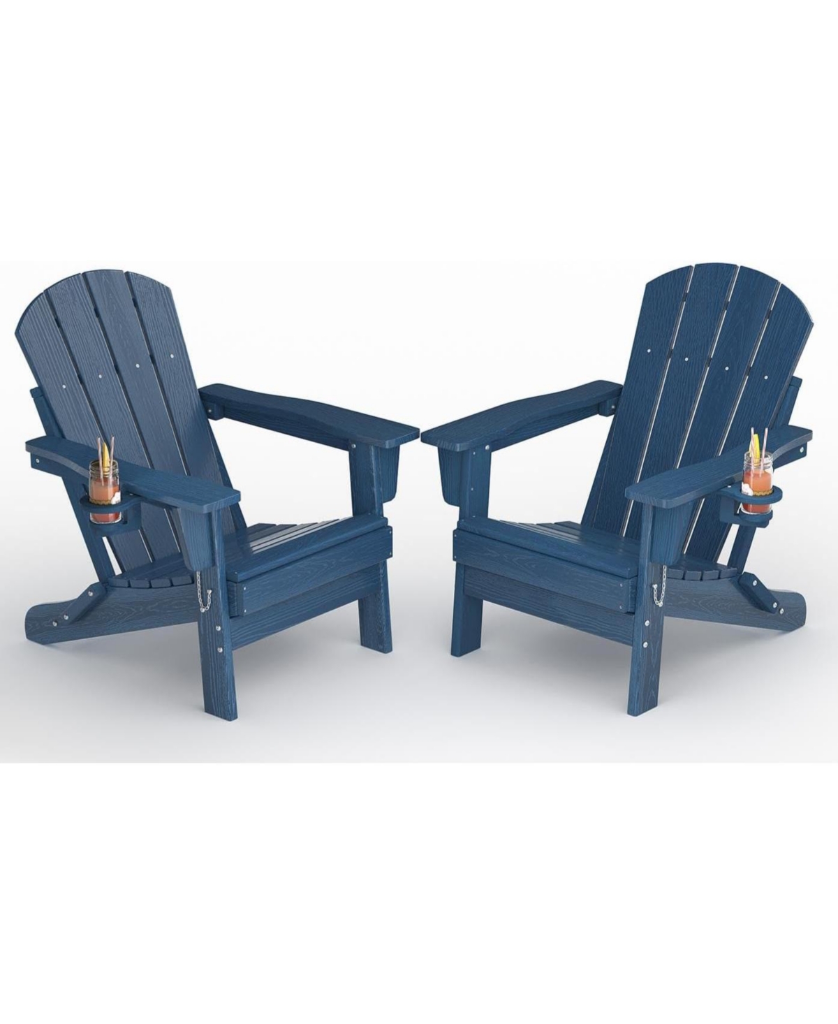 Xo Folding Adirondack Chair Set of 2, Hdpe Outdoor Chairs with Wood Grain Texture and Cup Holder, All Weather Patio Chairs 380Lbs Capacity