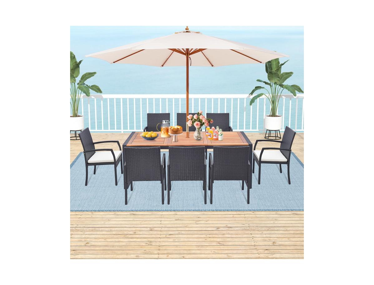 Mondawe 9 Piece Patio Rattan Dining Set with Acacia Wood Table and Cushioned Chairs