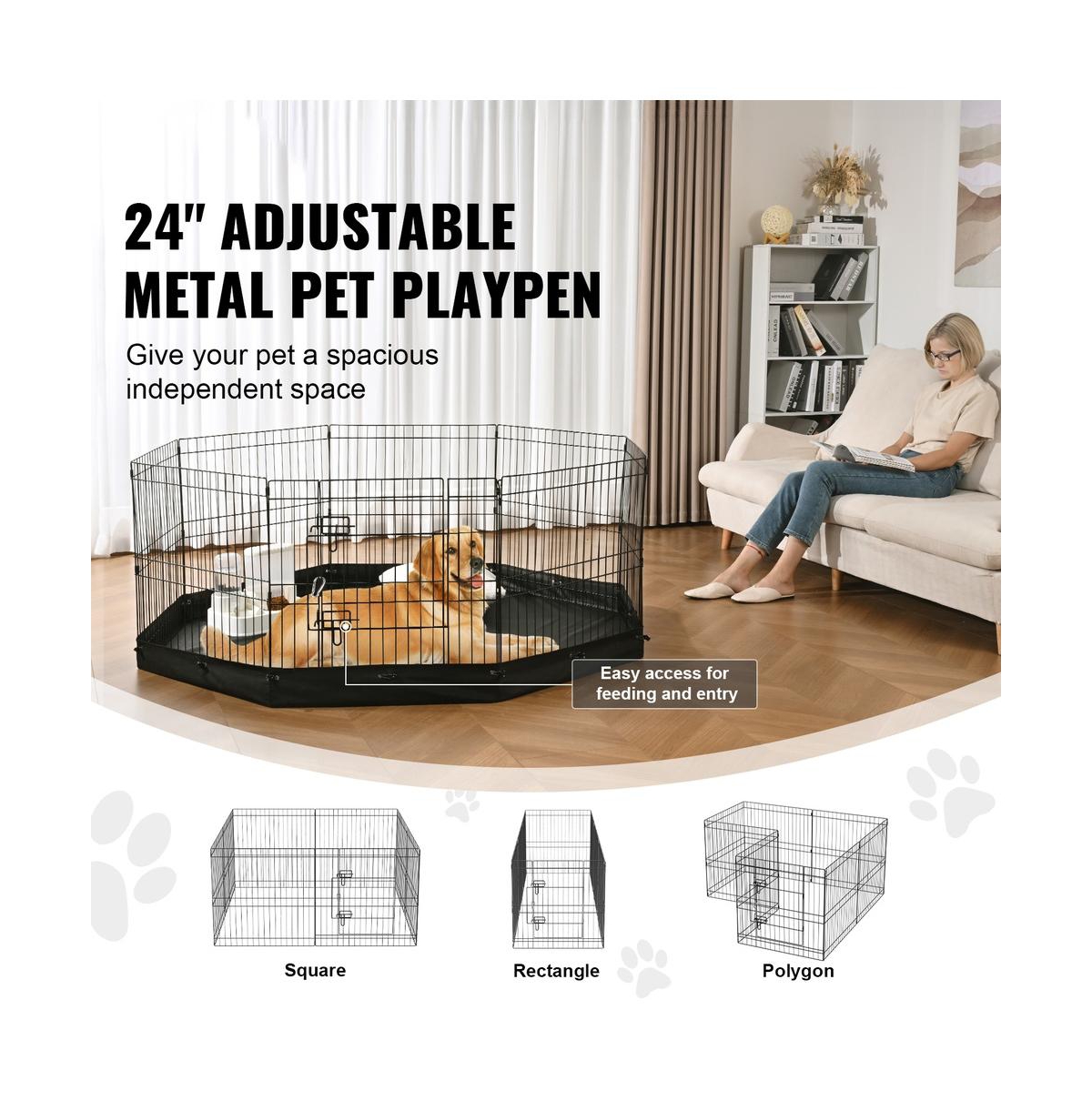 Ruie 8 Panel Foldable Metal Dog Playpen 24 in Tall with Oxford Bottom Mat