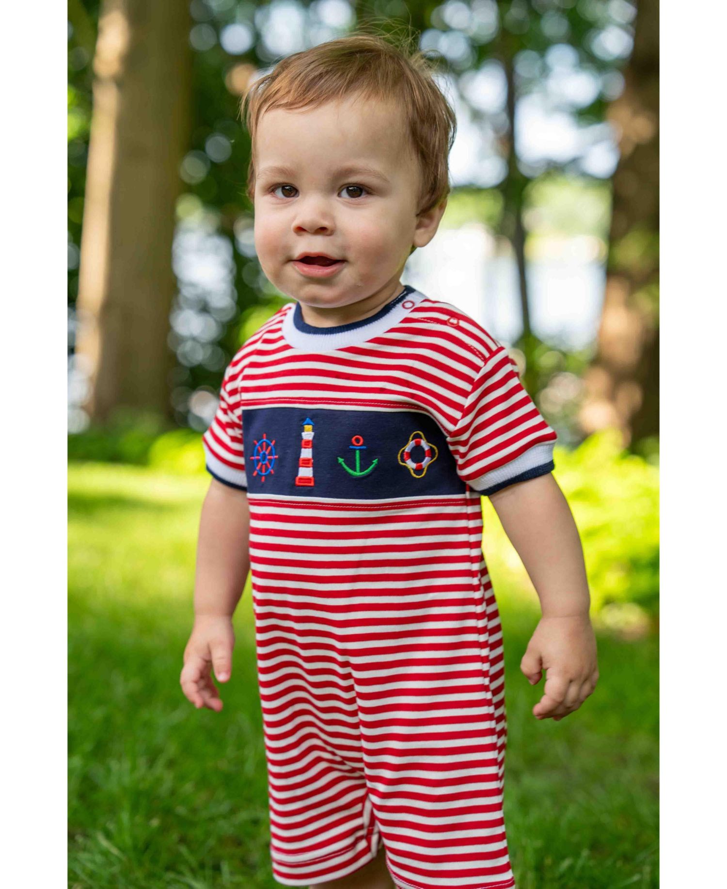 Baby Boy Stripe Knit Shortall With Nautical Applique