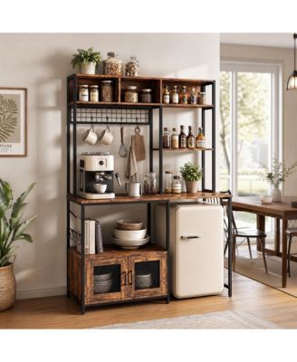 Kitchen Bakers Rack with Fridge Space, Industrial Microwave Stand with Power Outlet, Freestanding Shelf for Pantry/Living Room