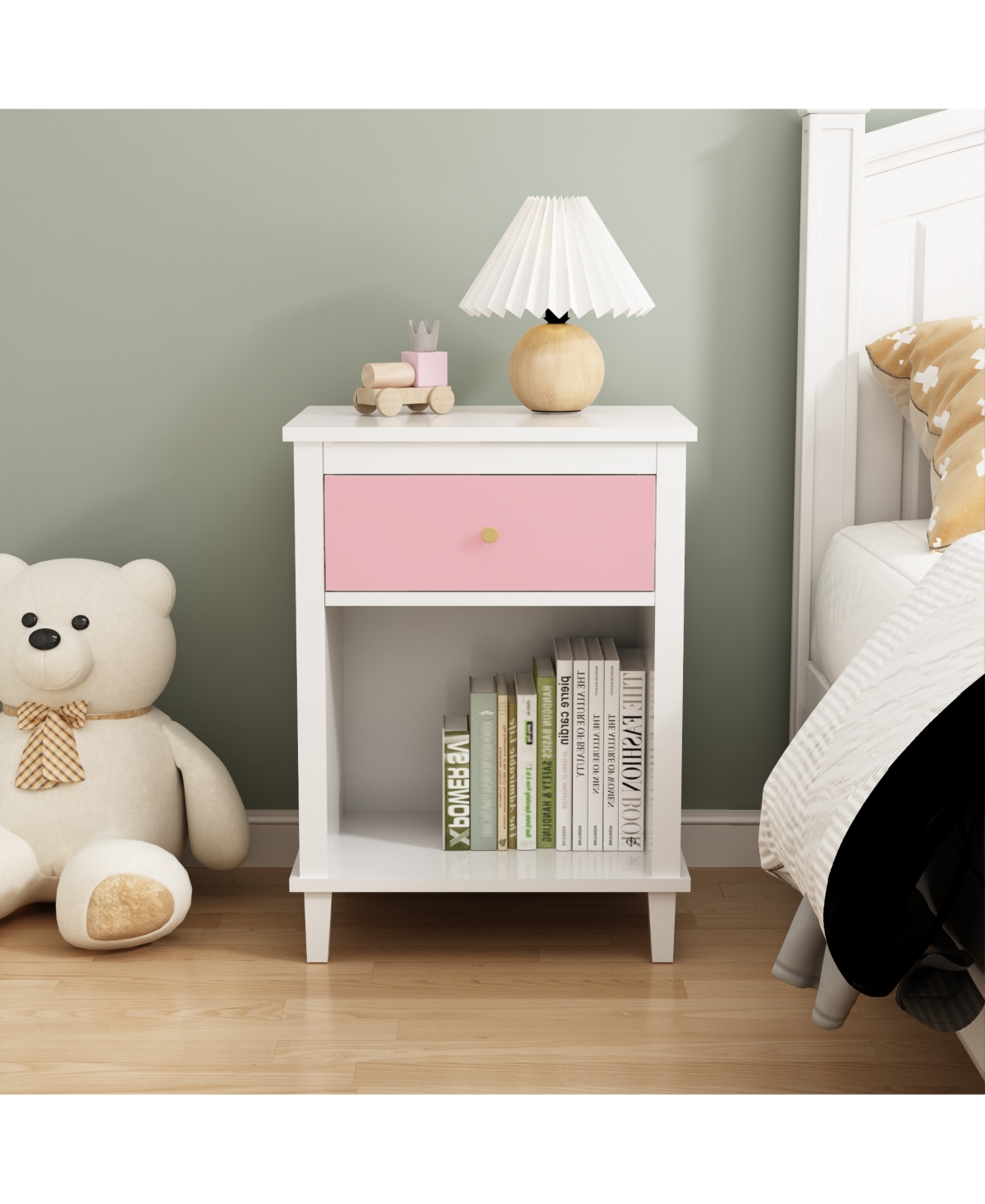 Rainsken Wooden Nightstand with Drawer and Open Storage Shelf, Modern Bedside Table, End Side Table for Bedroom Living Room