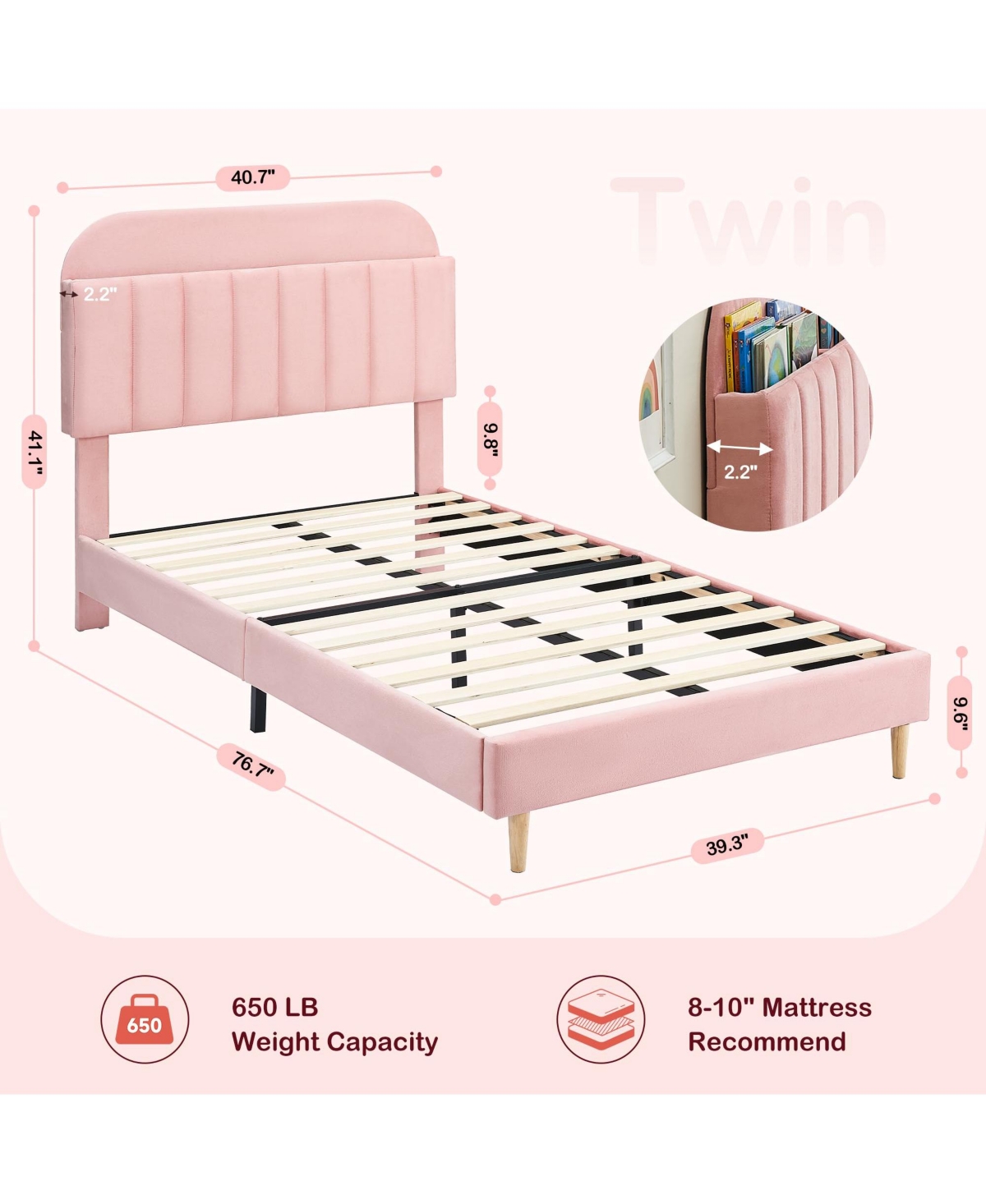 homfan Set of 2 Twin Upholstered Beds with Bookcase Headboards, Steel and Wood Slat Support, Quiet Design, Simple Assembly