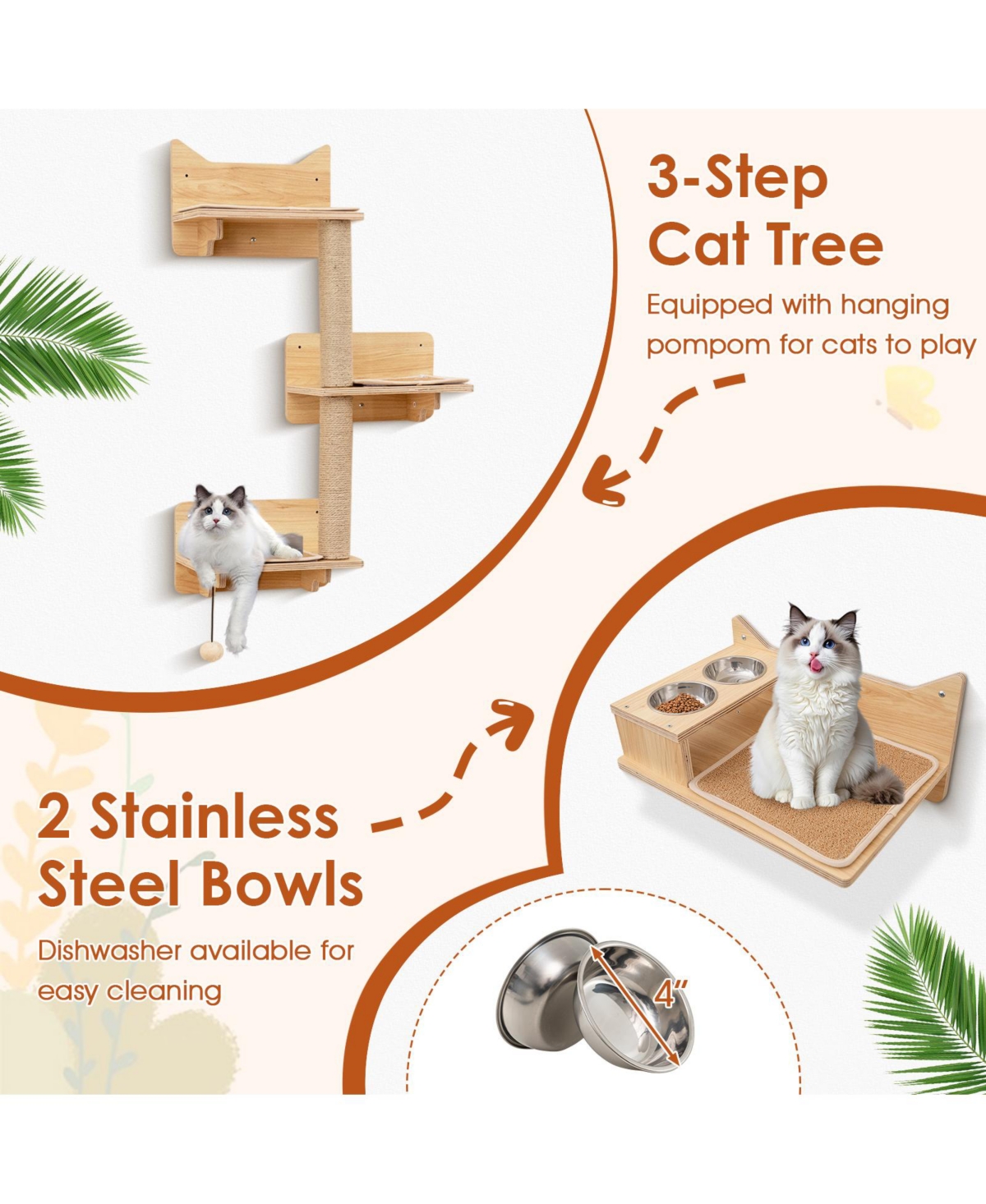 Cozito 6 Piece Cat Wall Furniture Set with Wall Mounted Shelves and Bowls