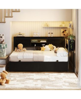 Bookcase Daybed with Wood Drawer, Corner Bed Frame with Sliding Door
