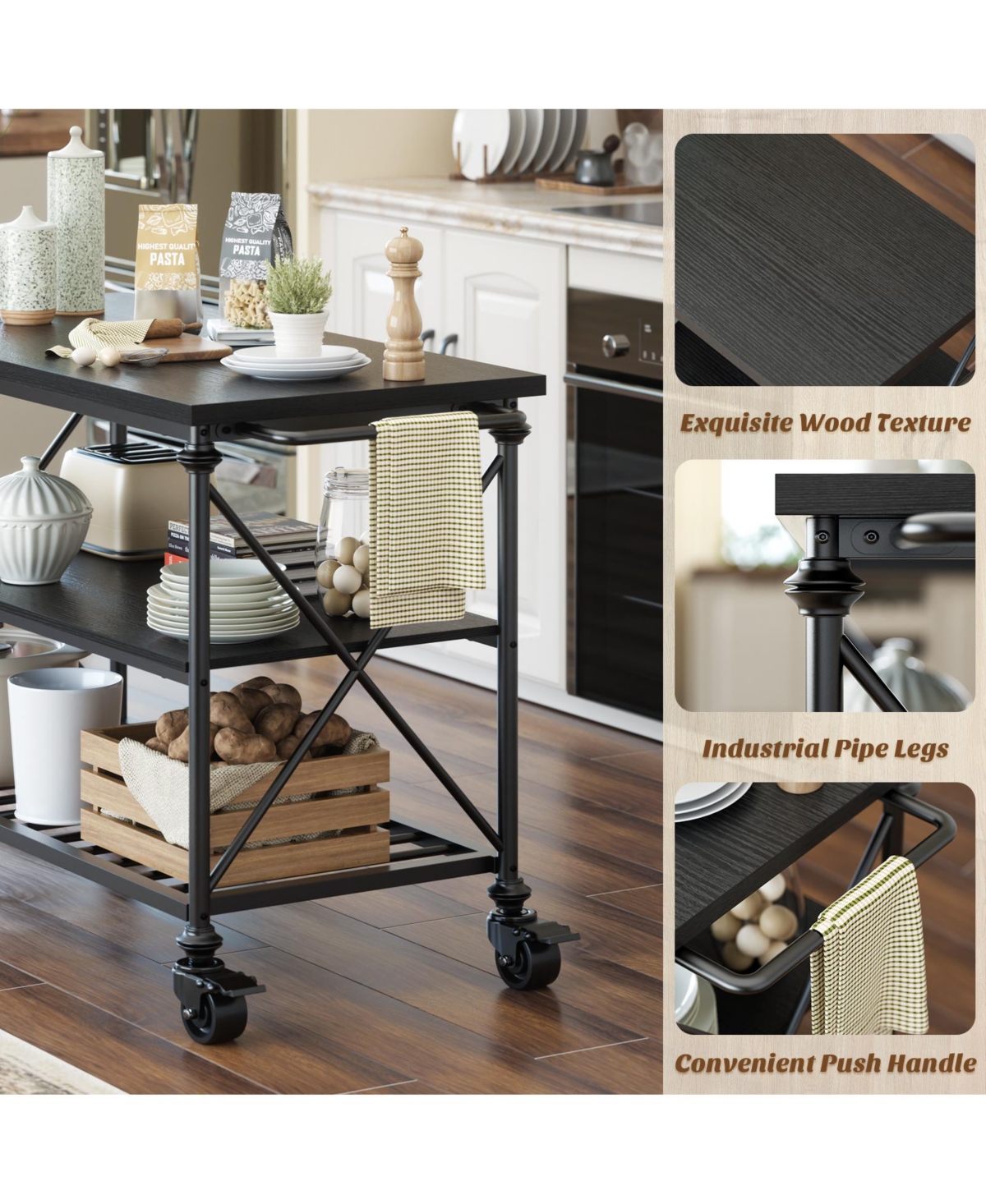 Aheaplus 3-Tier Kitchen Island Cart with Wheels, Storage Shelves Lockable Casters