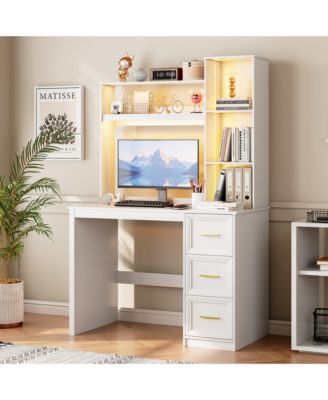 Modern Home Office Desk LED Lit with Drawers and Bookcase