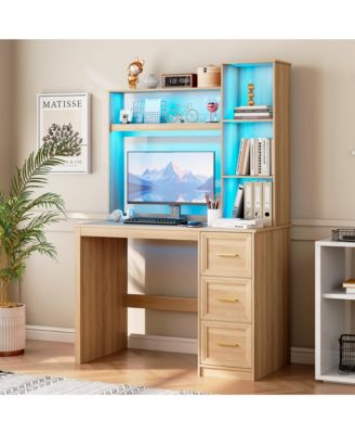 Modern Home Office Desk LED Lit with Drawers and Bookcase