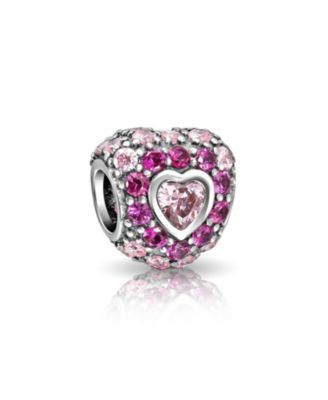 Romantic Cubic Zirconia CZ Pave Heart Charm Bead .925 Sterling Silver Fits European Bracelet