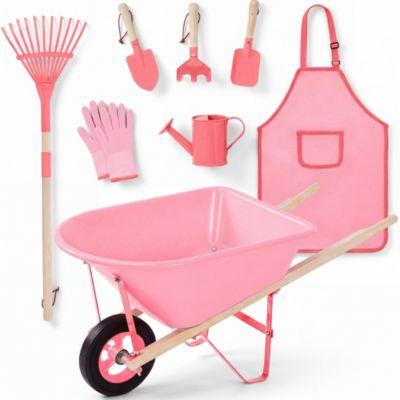 Kids Gardening Tool Set 8 Piece with Wheelbarrow, Metal Tools, Apron, Gloves Ages 3+