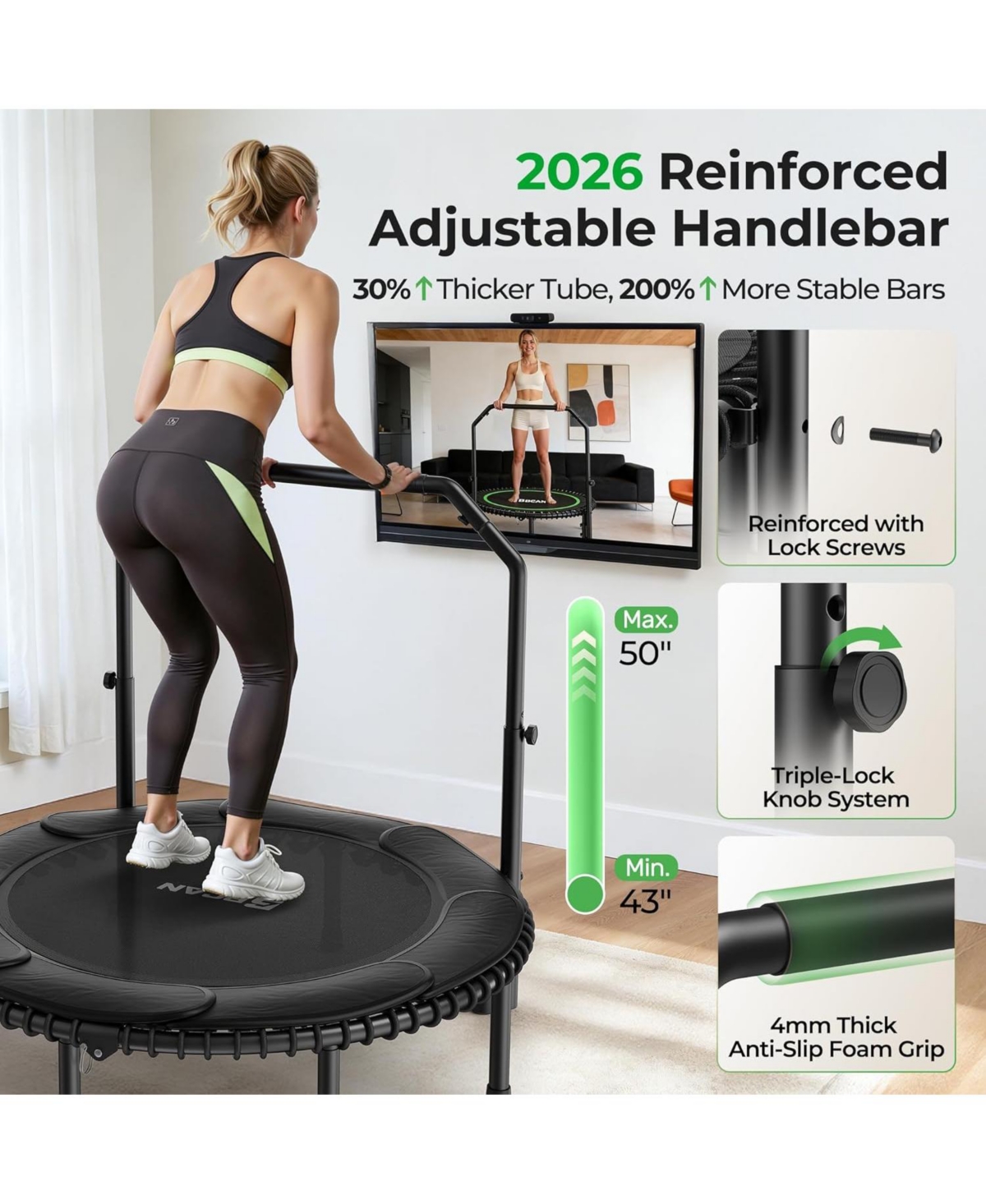 Bcan 2026 Upgraded Mini Rebounder Trampoline for Adults with Bar, Fitness Trampoline with Bungees, Adjustable Handle, 40/48 Inches