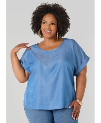 Plus Size Chambray Dolman Blouse with Side Vents