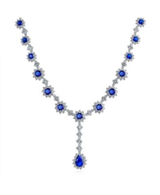 Y Collar Necklace Vintage Oval Crown Halo Royal Blue CZ Silver Plated