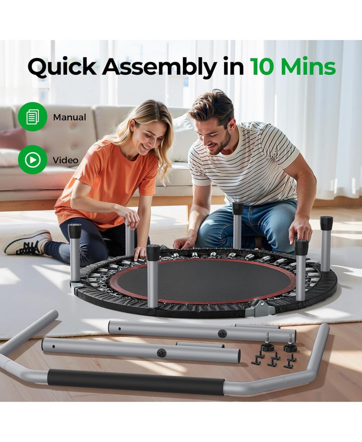 Bcan Foldable Mini Trampoline, 330lbs Fitness Rebounder with Adjustable Foam Handle for Indoor/Garden Workout