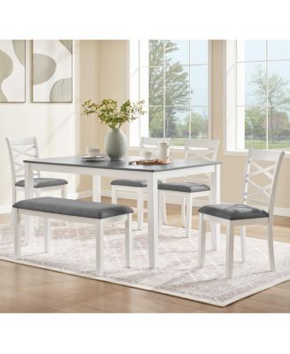 6 Piece Two Tone Wood Dining Table Set with Bench for 6