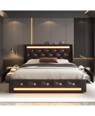 Upholstered Bed with Storage, LED, Charging, No Box Spring