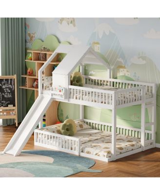 Wood House Bunk Bed with Slide and Ladder