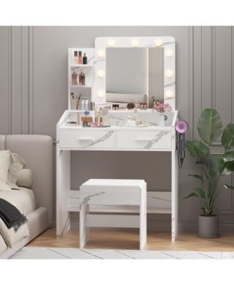 Vanity Desk with Mirror and Lights, Makeup Vanity with Power Outlet, 3 Lighting Modes Adjustable Brightness