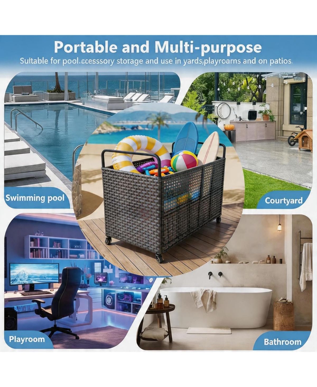 gaomon Poolside Rattan Storage Organizer, Outdoor Storage Bin, Pool Float Storage Holder with Mesh Rolling for Pool Noodles, Toys, Floats, Balls