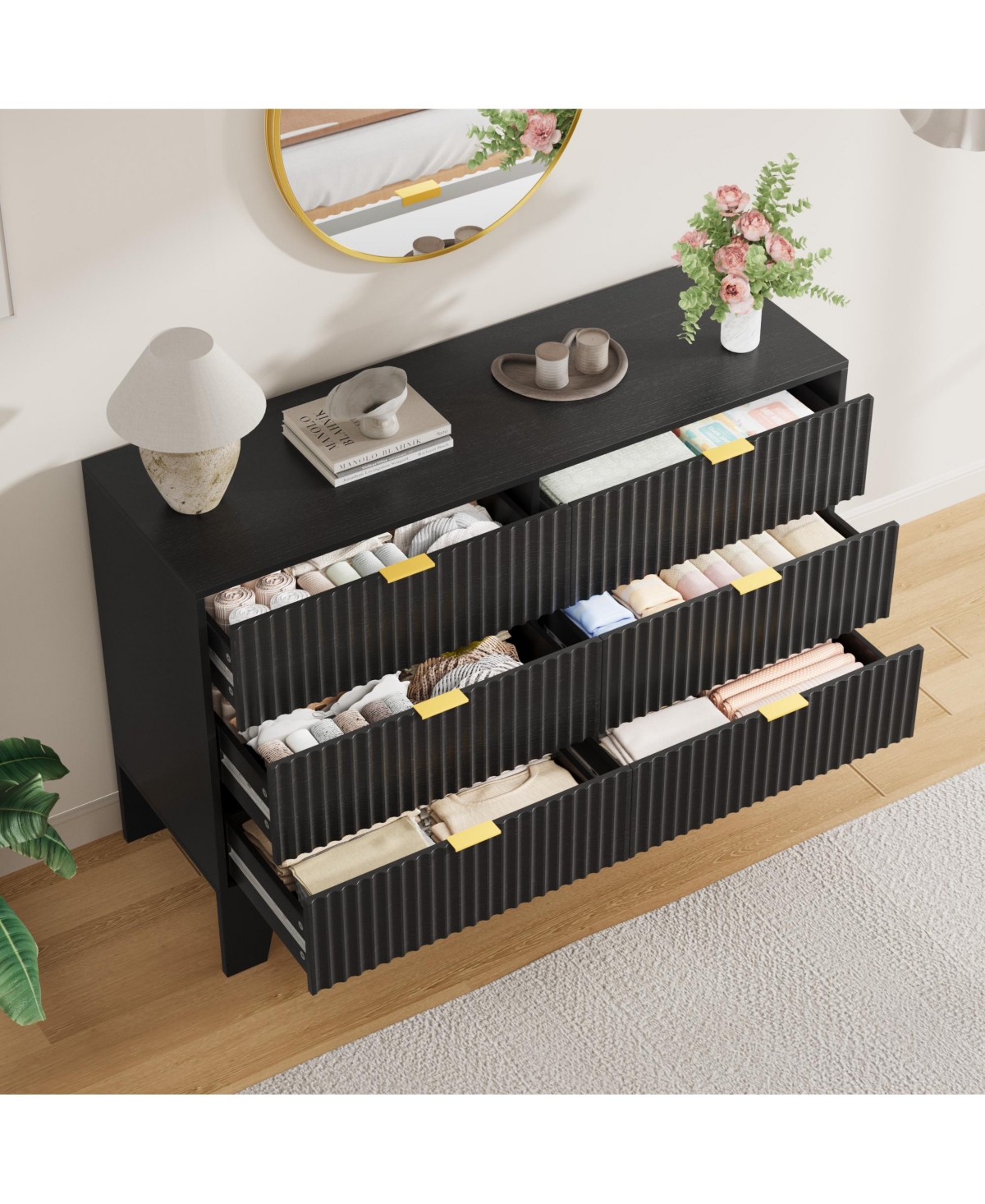 gaomon 6 Drawer Fluted Dresser - Modern Wooden Chest of Drawers with Metal Handle, Clothes Storage Organizer for Bedroom, Hallway, Entryway