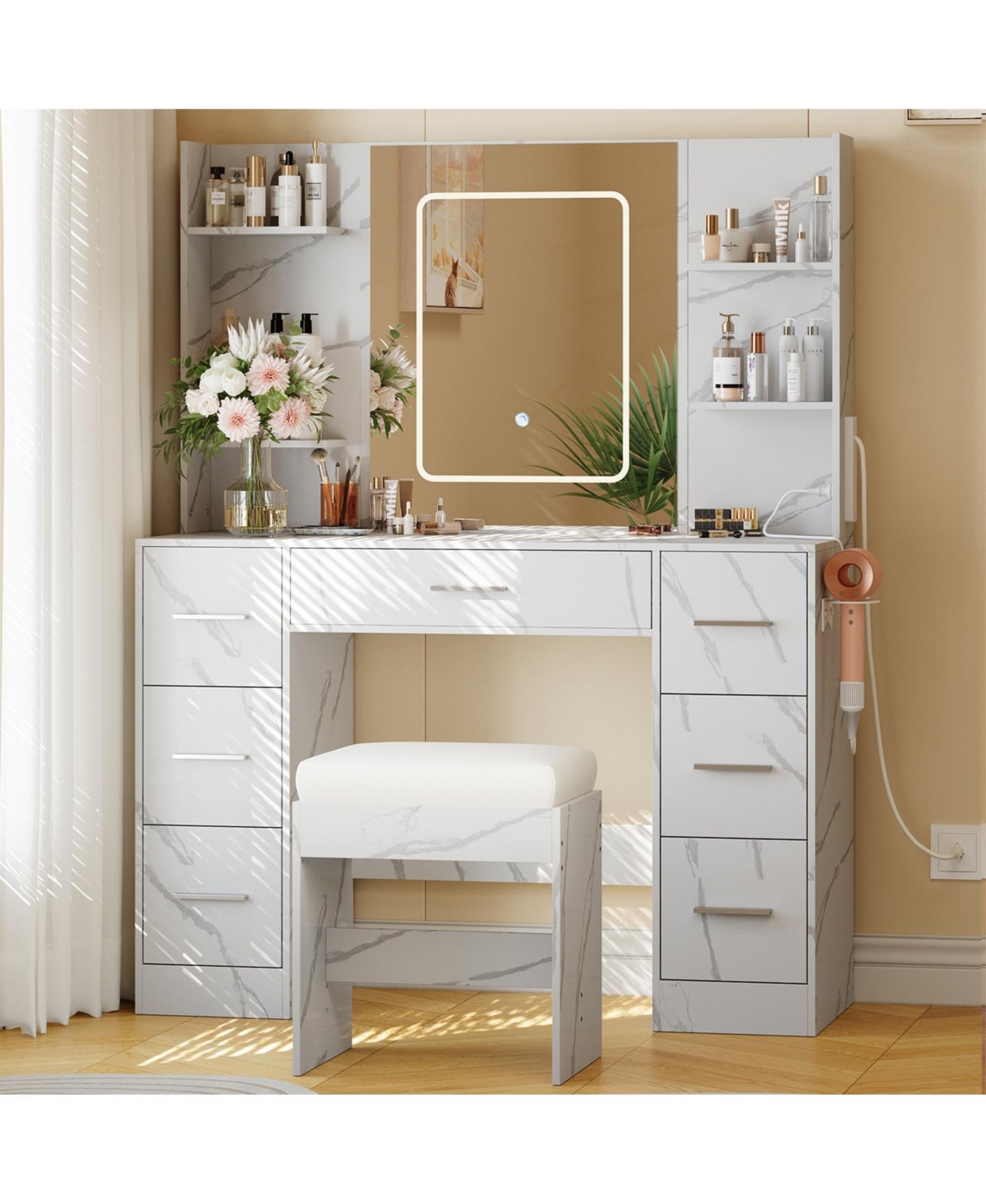 gaomon 43" Large Vanity Desk with 3 Colors Led Light and Mirror - Set Power Outlet Hairdryer Rack Makeup Table