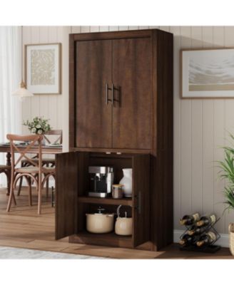 Tall Wooden Kitchen Pantry Cabinet, Farmhouse 4-Magnetic Door Freestanding Food Storage Cupboard Pantry Cabinet with Adjustable Shelves