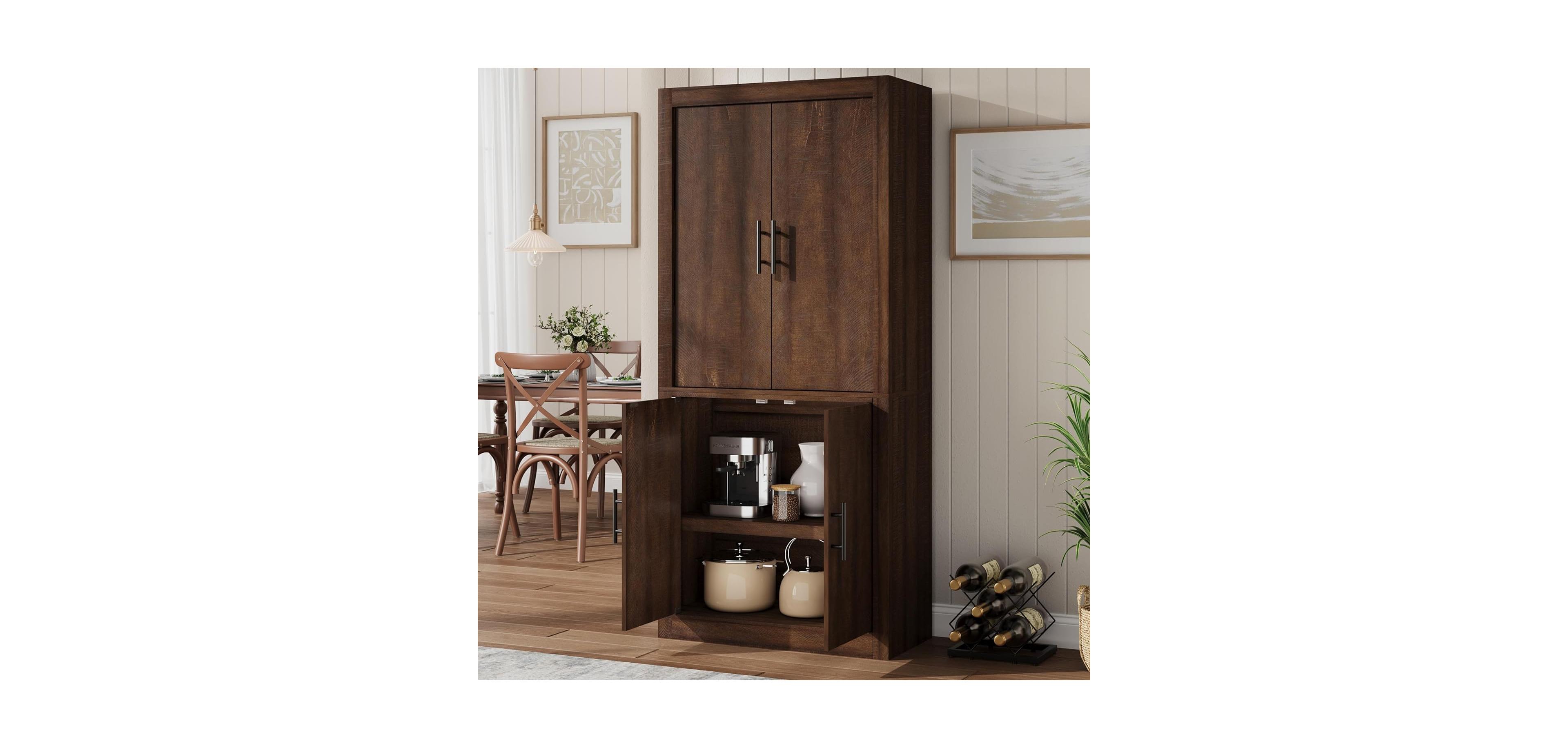 gaomon Tall Wooden Kitchen Pantry Cabinet, Farmhouse 4-Magnetic Door Freestanding Food Storage Cupboard Pantry Cabinet with Adjustable Shelves